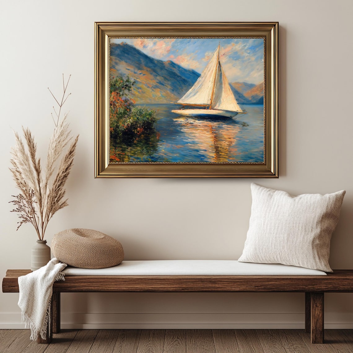 Antique Sailboat on a Mountain Lake at Golden Hour Nautical Poster - Image 2