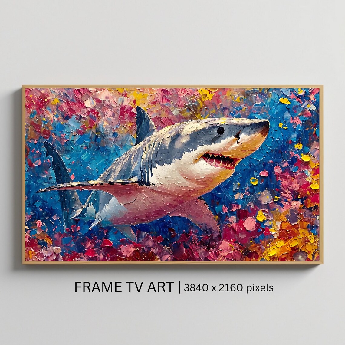 Colorful Great White Shark Impasto Ocean Painting Vibrant Wildlife Poster