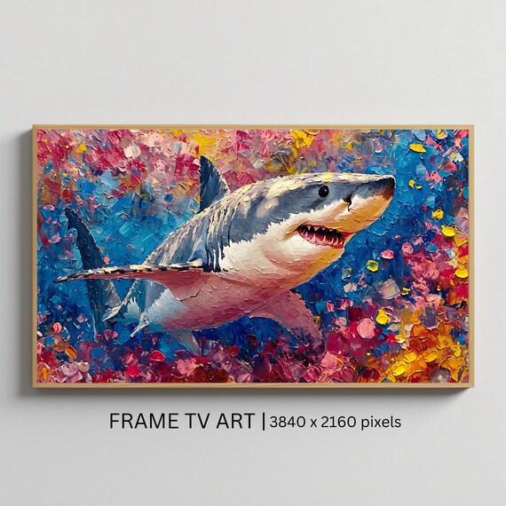 Colorful Great White Shark Impasto Ocean Painting Vibrant Wildlife Poster