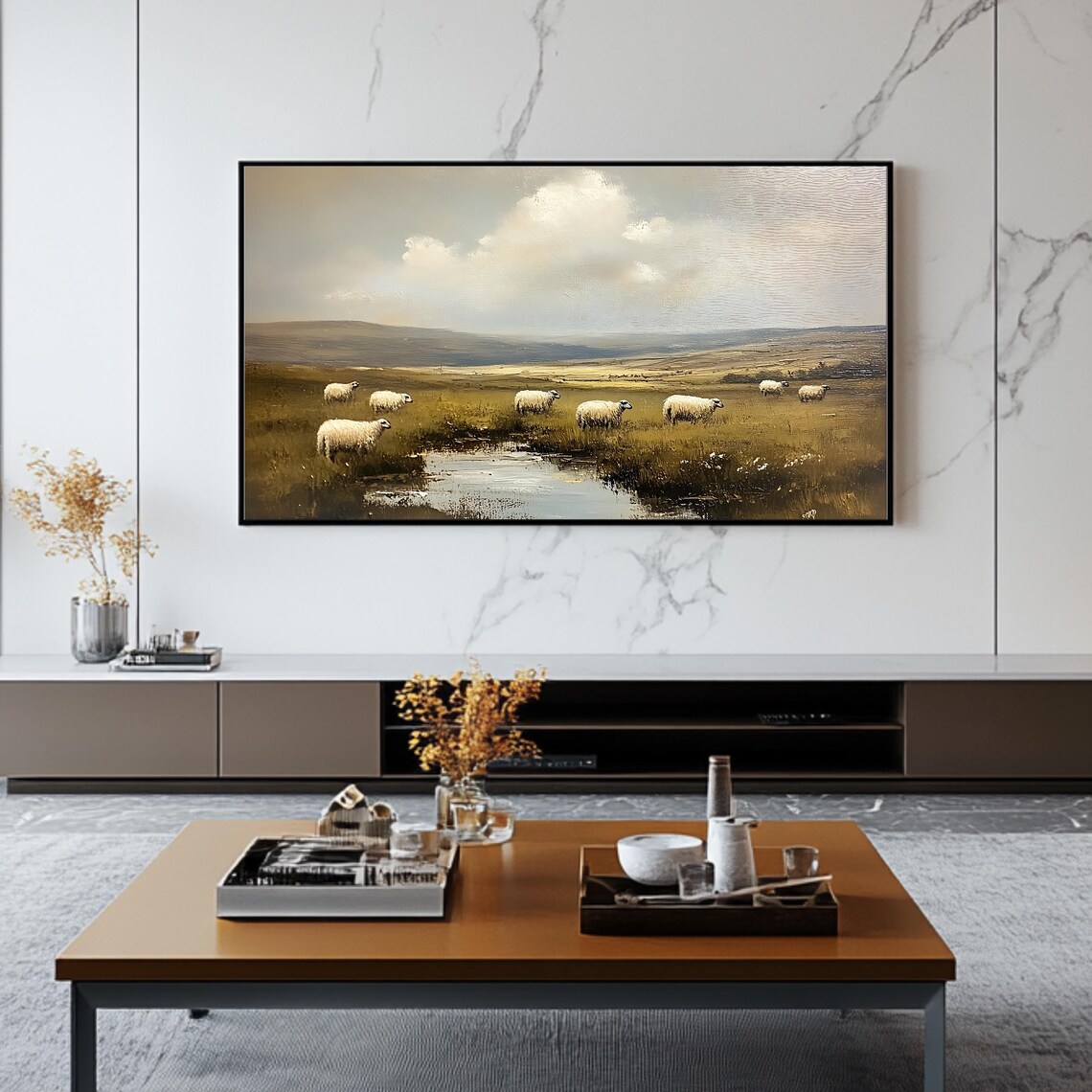 Pastoral Sheep Grazing Stream Muted Countryside Frame TV Poster - Image 2