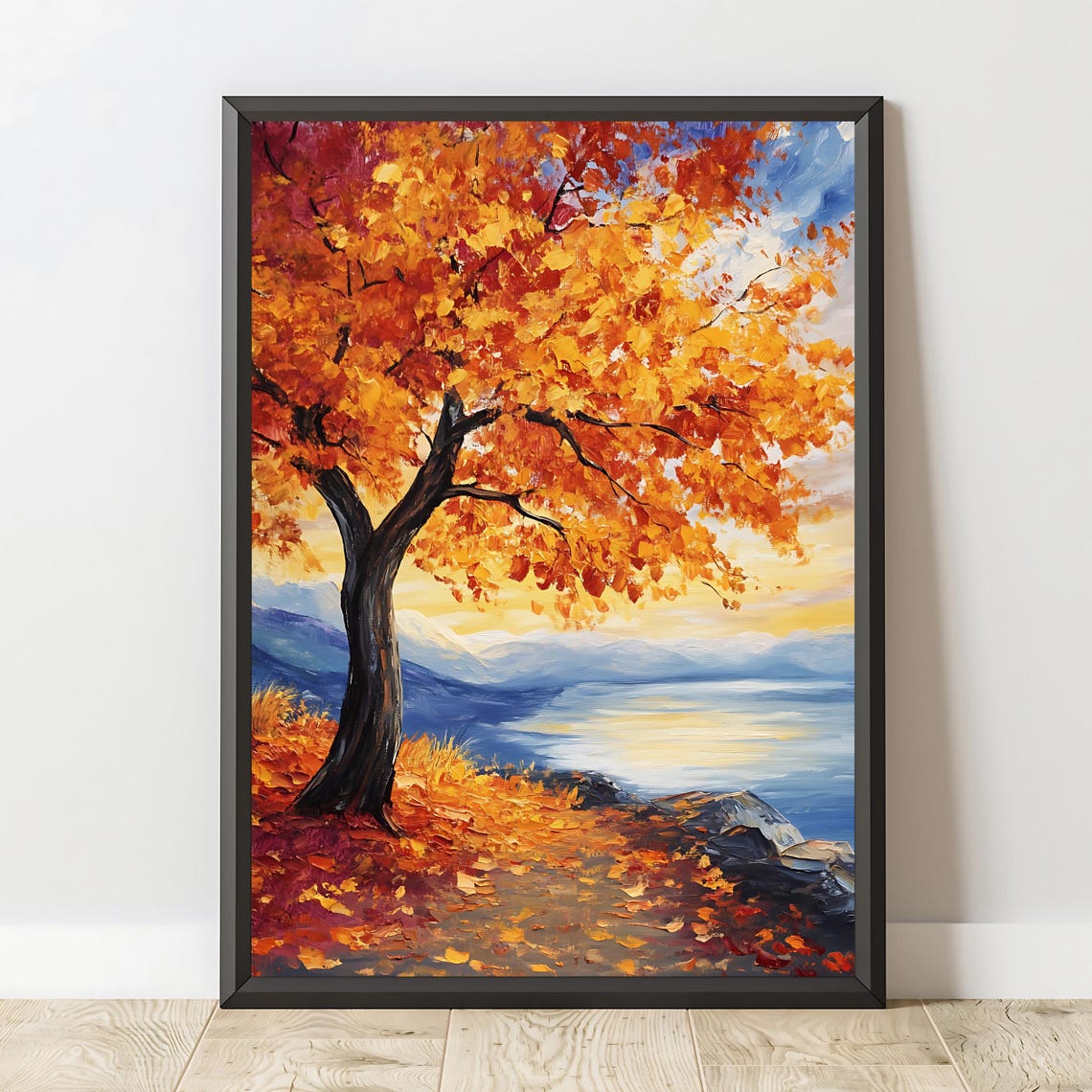 Autumn Tree with Orange Leaves on a Lakeshore at Sunset Art Poster - Image 2