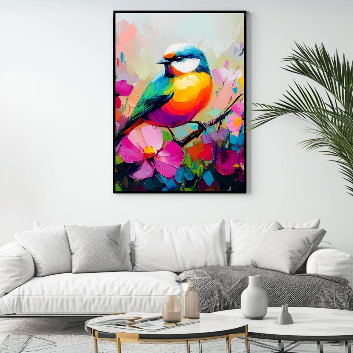 Rainbow Songbird Among Pink Cosmos Flowers Colorful Nature Wall Art - Image 4