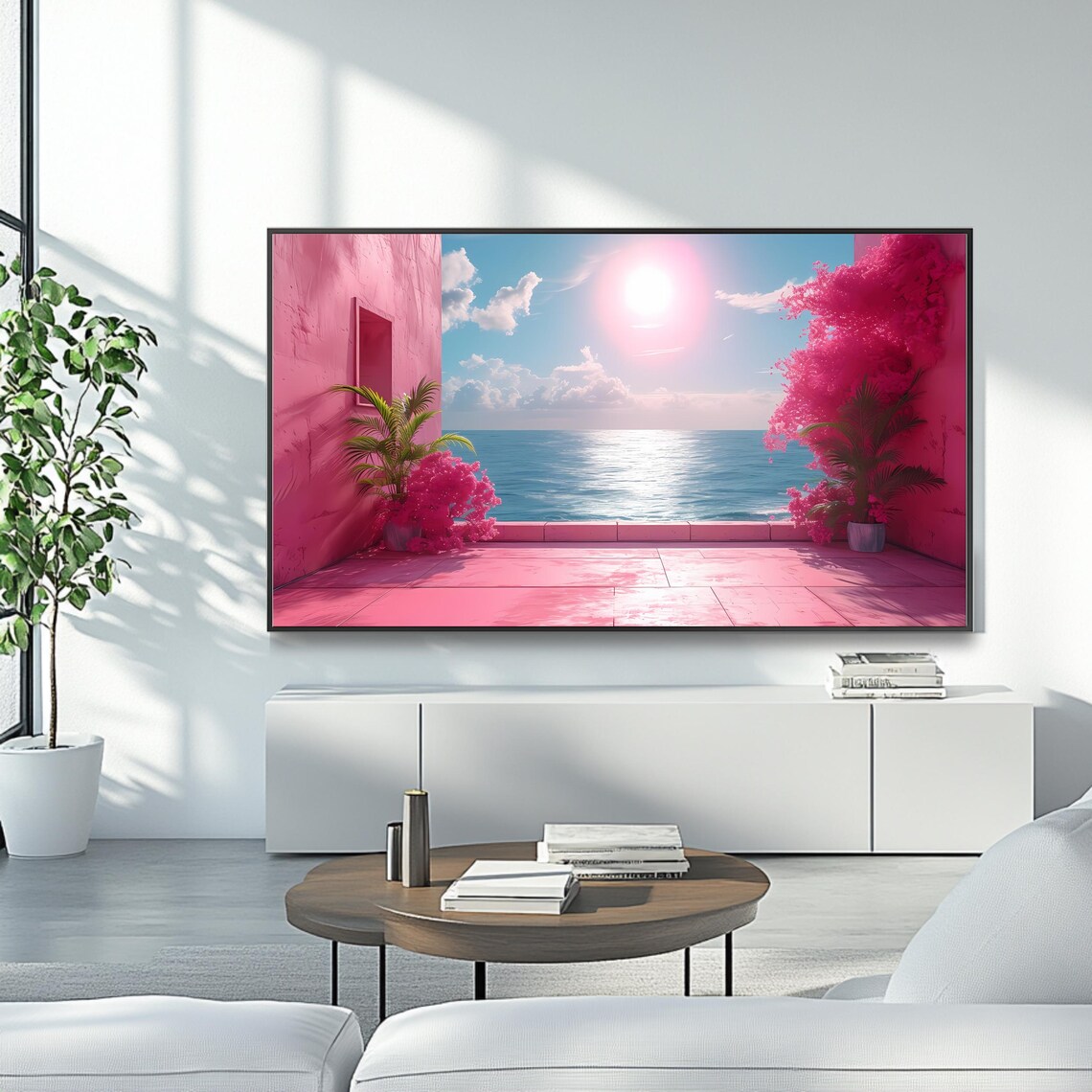 Pink Coastal Terrace Ocean View Dreamy Sunset Seascape TV Art Poster - Image 4