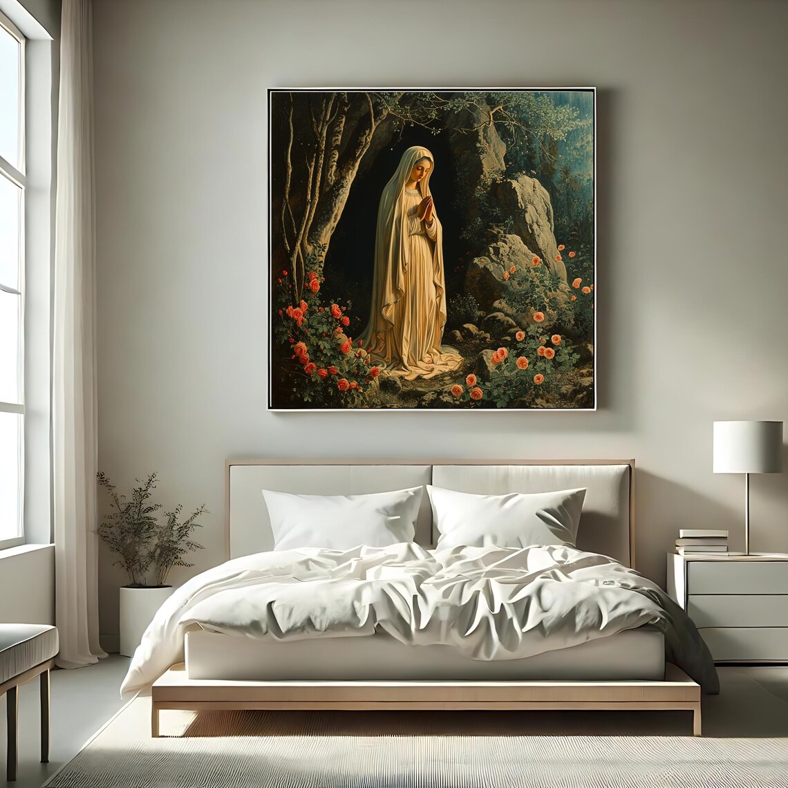Our Lady Of Lourdes White Veil Grotto Roses Classic Catholic Wall Art Poster - Image 2