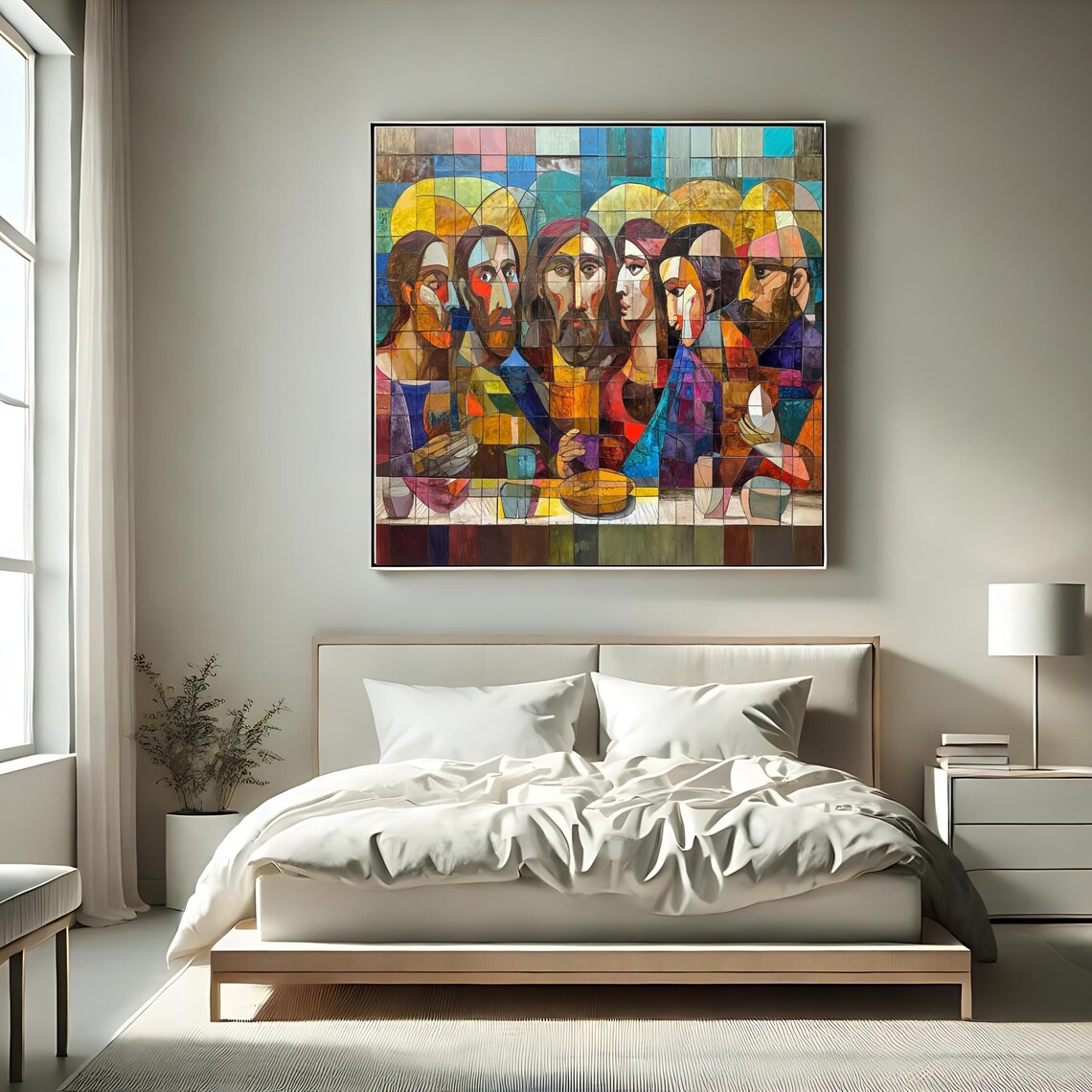 Last Supper Cubist Mosaic Style Colorful Religious Painting Modern Faith Art Poster - Image 2