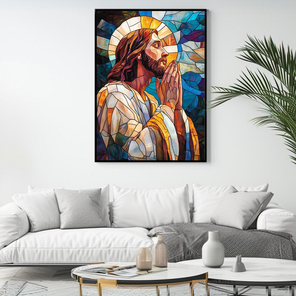 Jesus Christ Praying Stained Glass Art Christian Faith Wall Decor Poster - Image 4