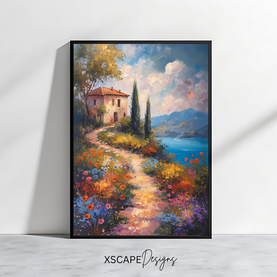 Tuscan Countryside Stone Villa Flower Path Lake View Travel Poster