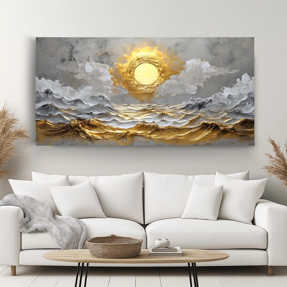 Golden Sun Abstract Ocean Waves Gray Sky Panoramic Seascape Poster - Image 2