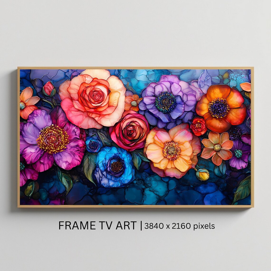 Vibrant Stained Glass Roses And Cosmos Flowers Colorful Art Poster