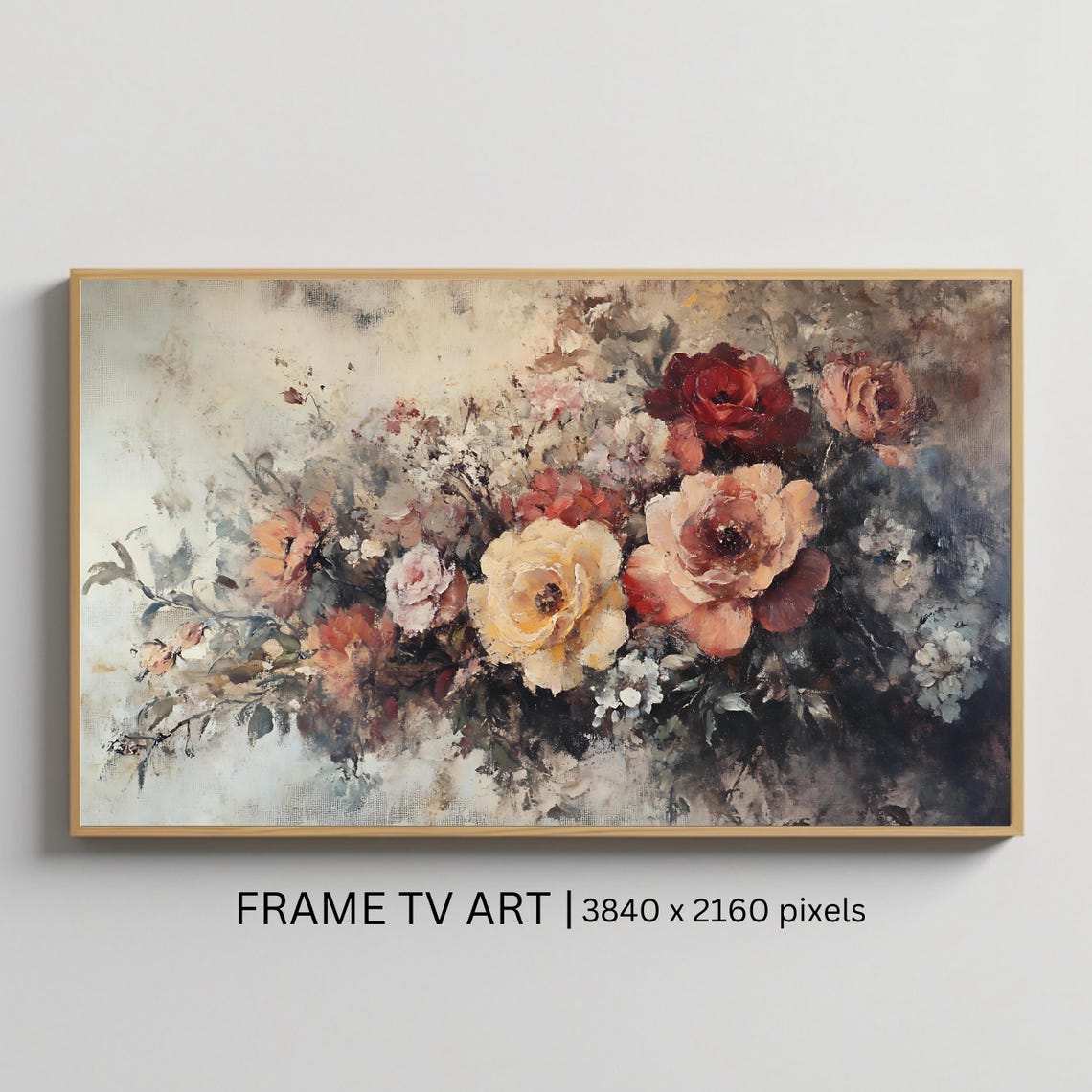 Vintage Rose Bouquet Cream Blush Dark Moody Floral Frame TV Poster