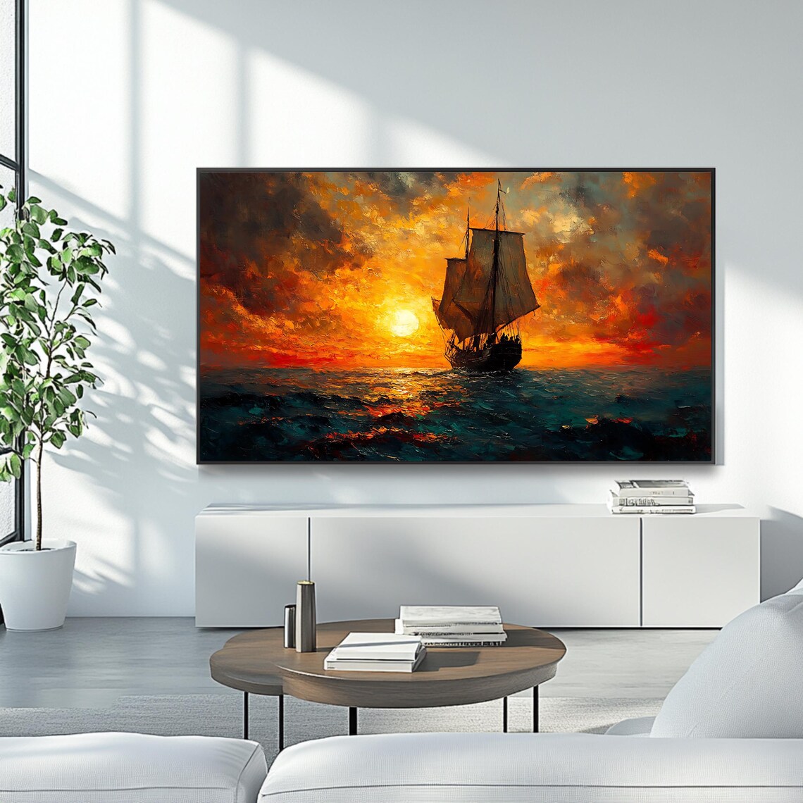 Ship At Sunset Art For Frame Tv Roku Screensaver Nautical Seascape Wall Art - Image 4