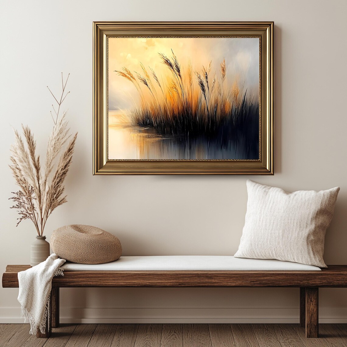 Golden Reeds Sunset Lakeside Misty Water Vintage Nature View Poster - Image 2