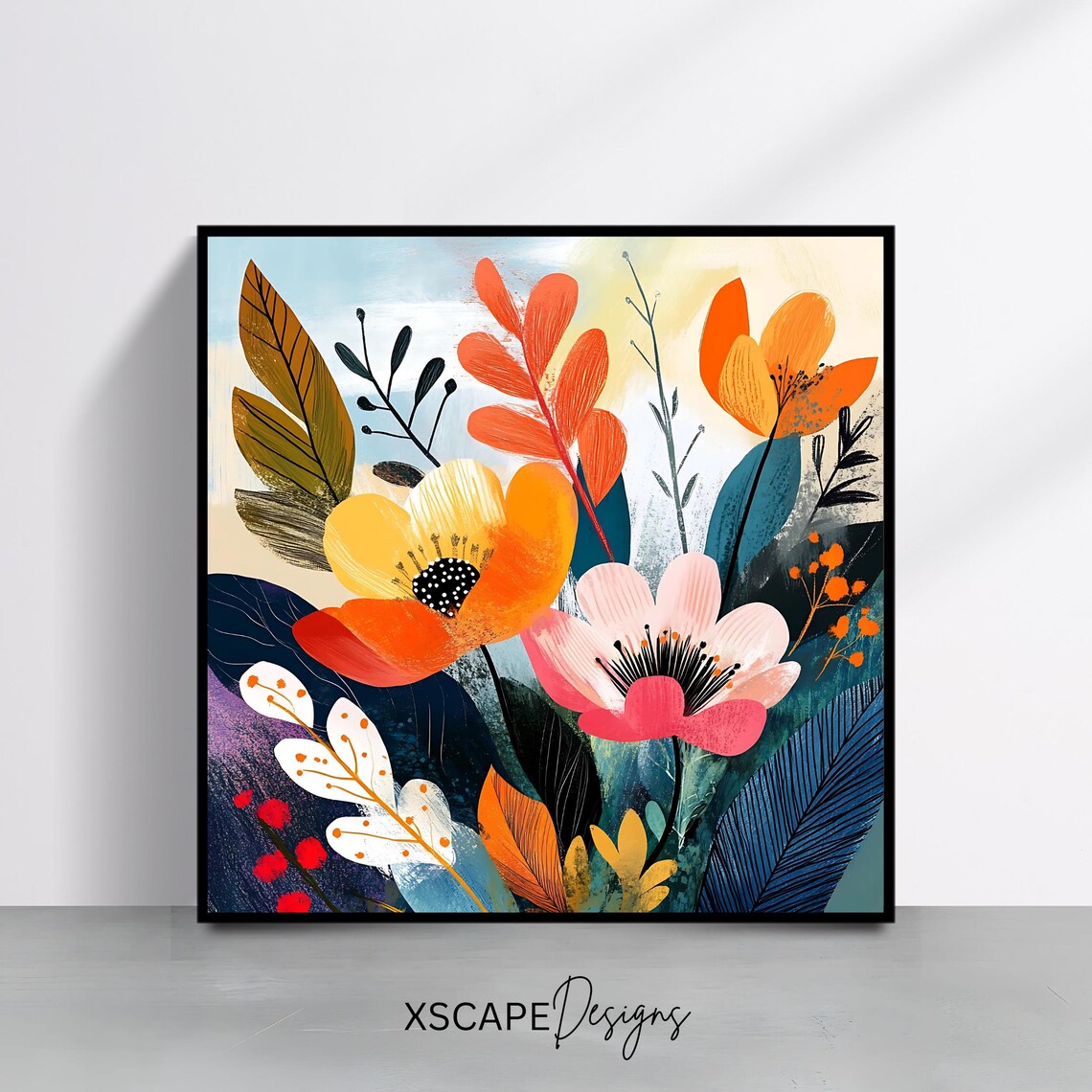 Modern Abstract Colorful Floral Art Orange Pink Blooms Wall Art Print