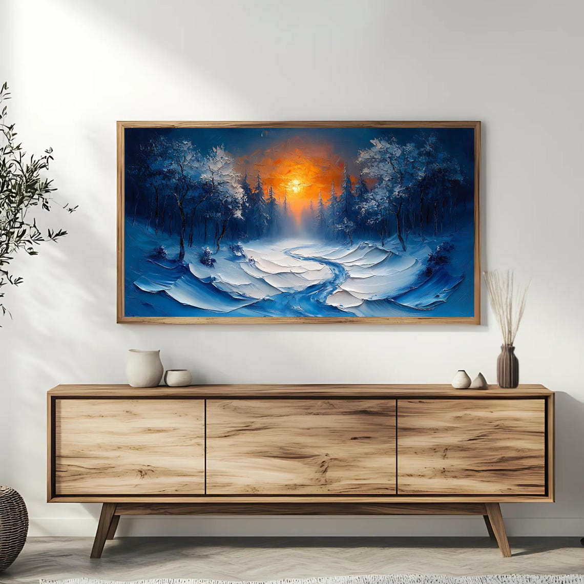 Winter Forest Sunset Snowy Path Blue Twilight Orange Sun Art Poster - Image 3