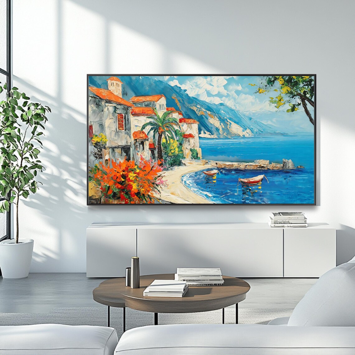 Mediterranean Coastal Town Harbor Red Boats Palm Trees Sea View Print - Image 4