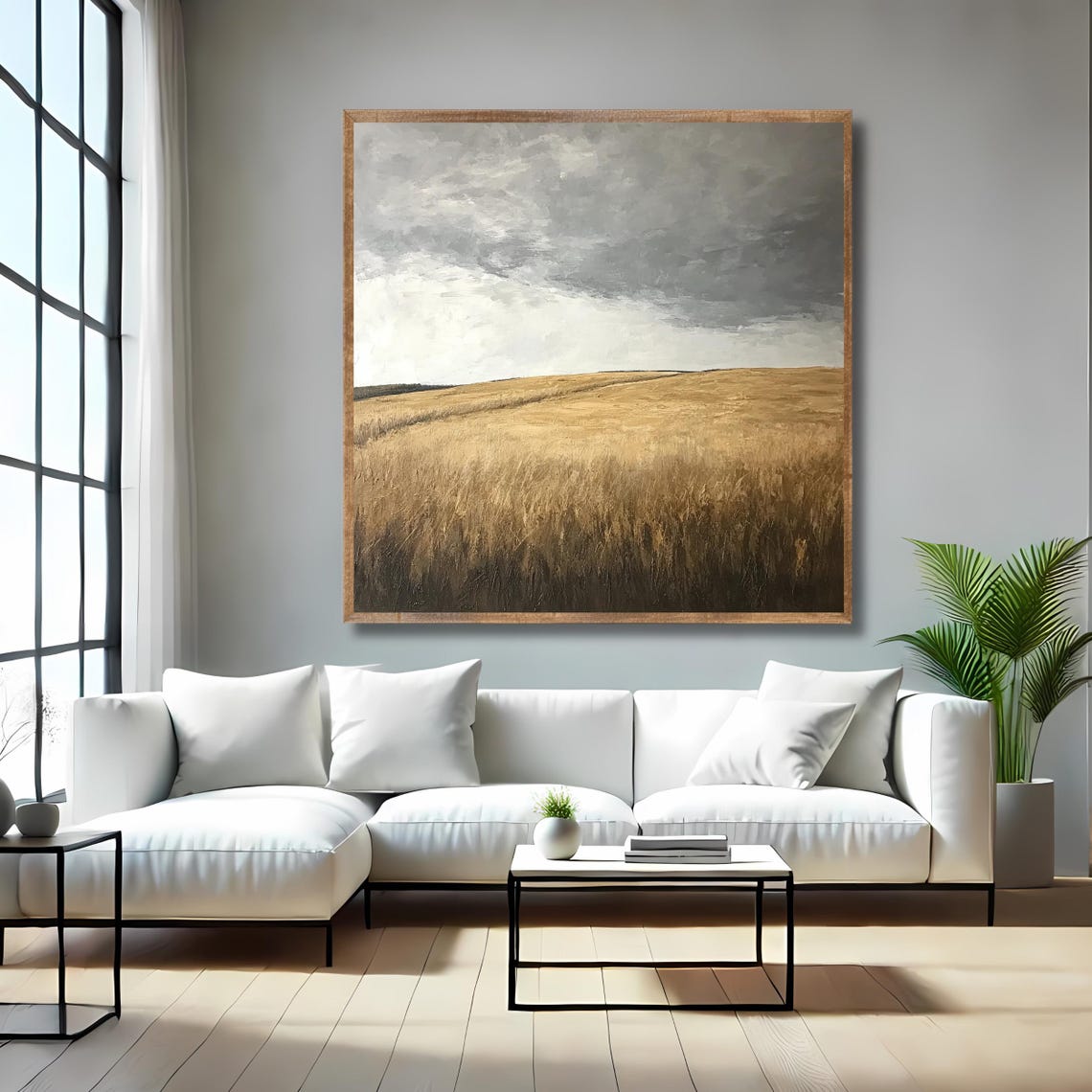 Stormy Golden Field Painting Dramatic Gray Sky Rolling Meadow Poster - Image 4