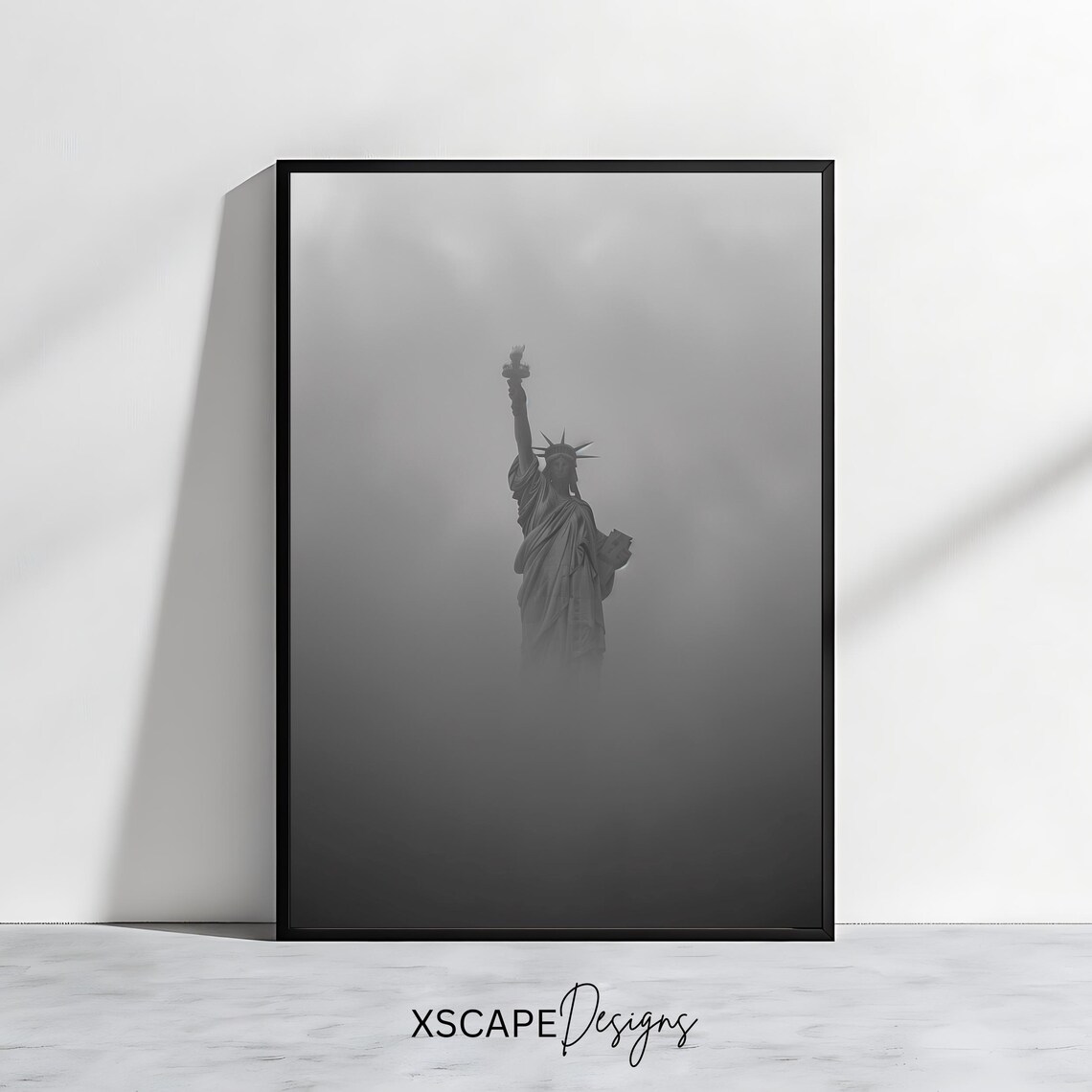 Statue of Liberty Foggy Black and White Minimalist New York Art Poster
