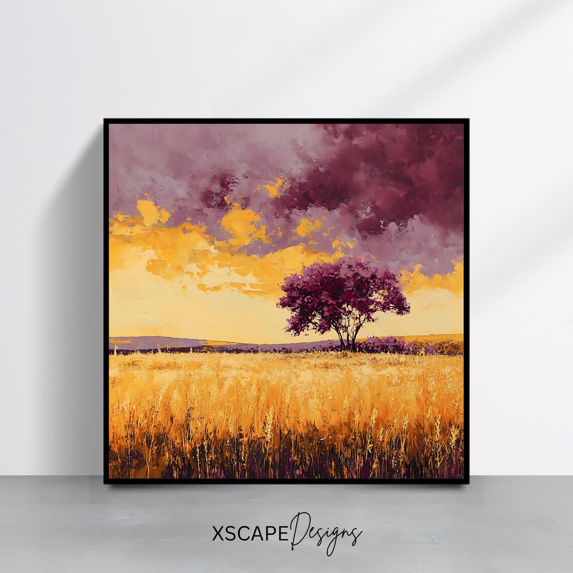 Golden Field Landscape Wall Art Print Vibrant Tree Artwork Square Nature Inspired Decor Dramatic Sky Painting