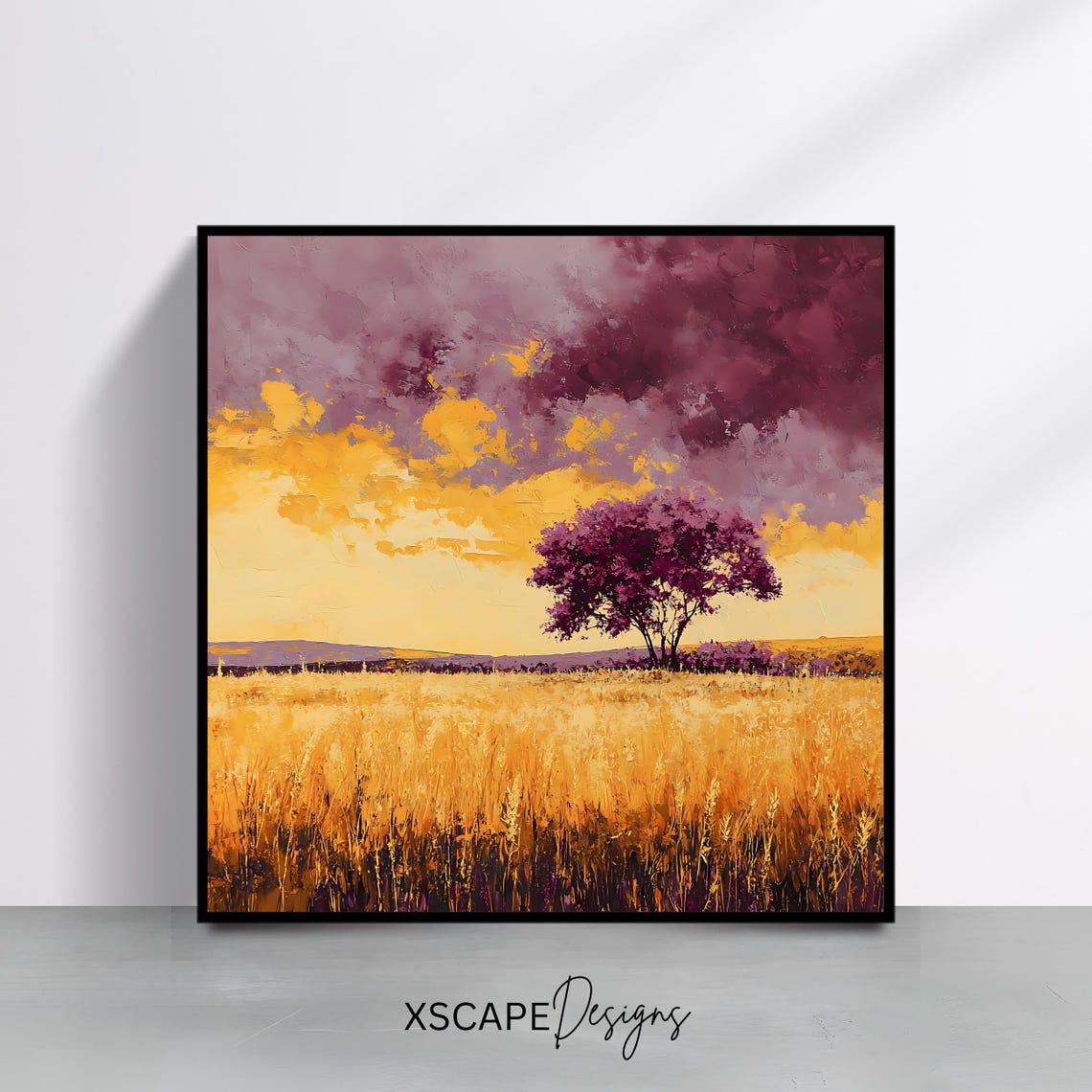 Golden Wheat Field Lone Tree Purple Sunset Sky Landscape Wall Poster
