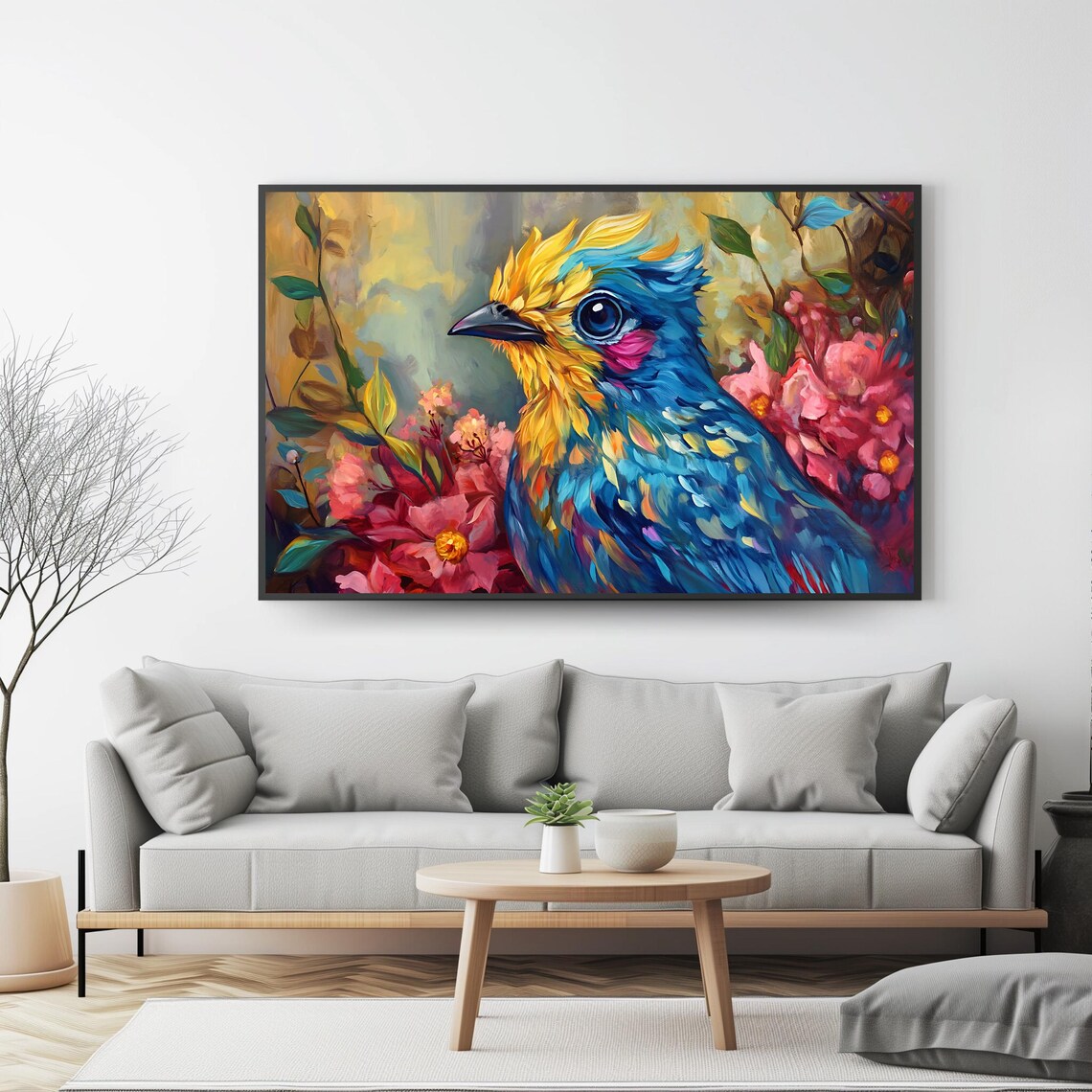 Colorful Songbird Blue Gold Feathers Pink Blossom Flower Poster - Image 4