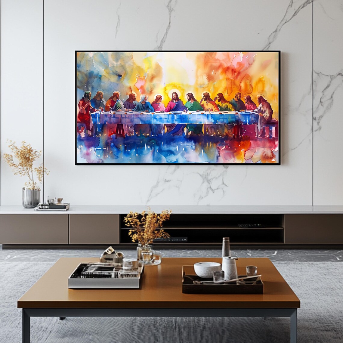 Last Supper Watercolor Jesus Twelve Apostles Vibrant Christian Art Print Poster - Image 2