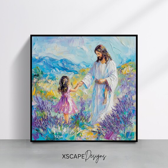 Jesus Christ Holding Child Hand Walking Lavender Field Faith Art Poster