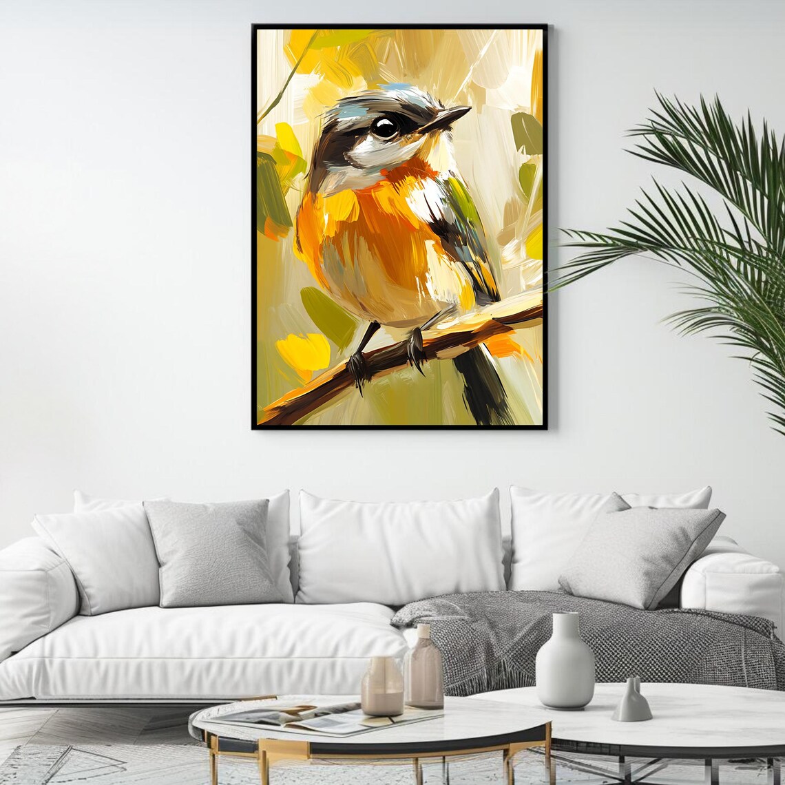 Colorful Songbird Orange Breast Perched Branch Yellow Green Wall Art - Image 4
