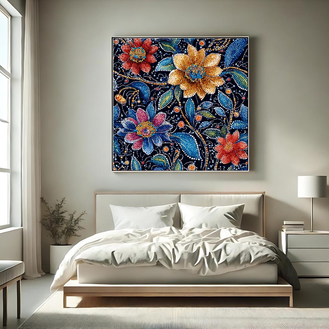 Pointillism Dot Art Floral Bouquet Jewel Tones On Midnight Blue Poster - Image 2