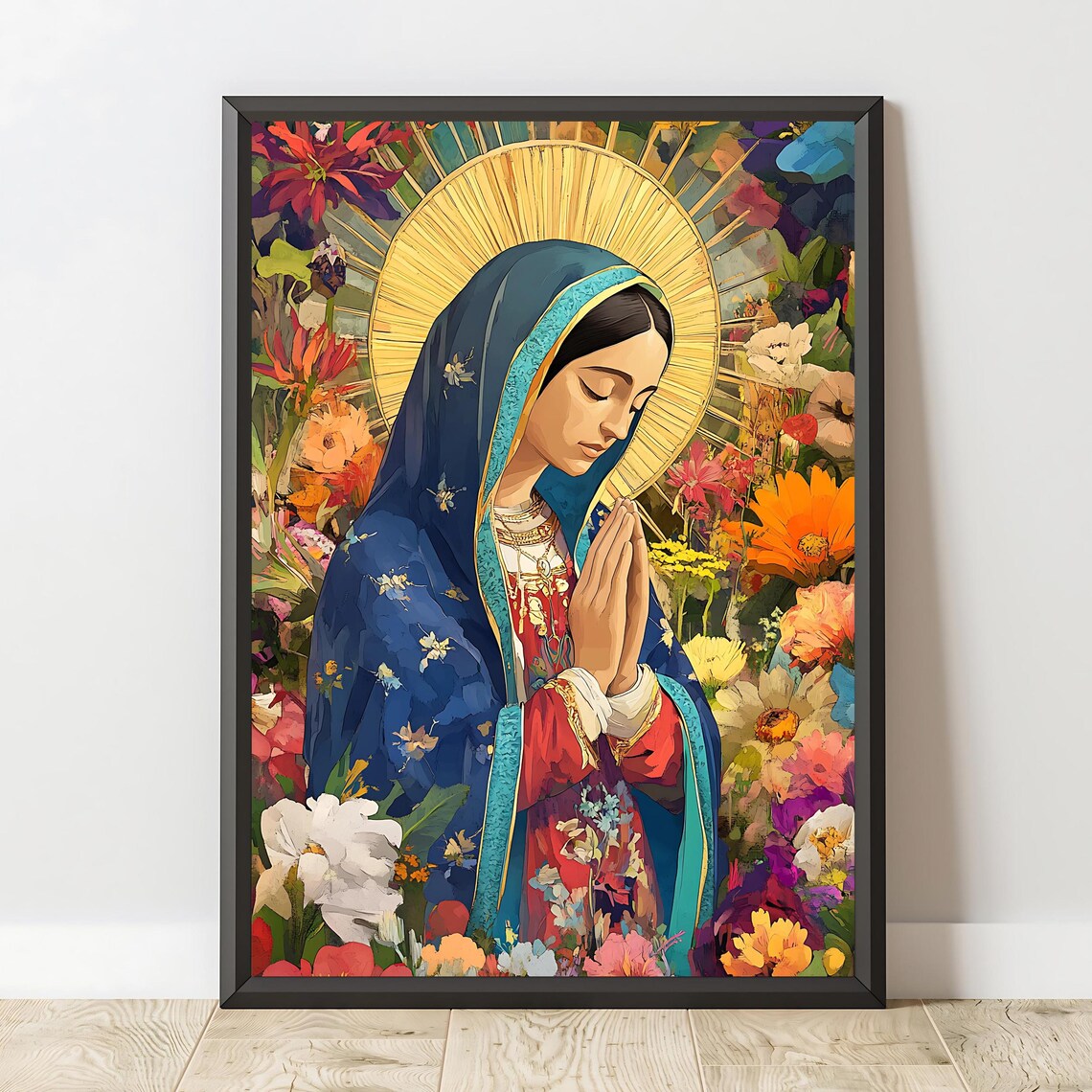 Our Lady of Guadalupe Praying Colorful Floral Catholic Art Poster - Image 2