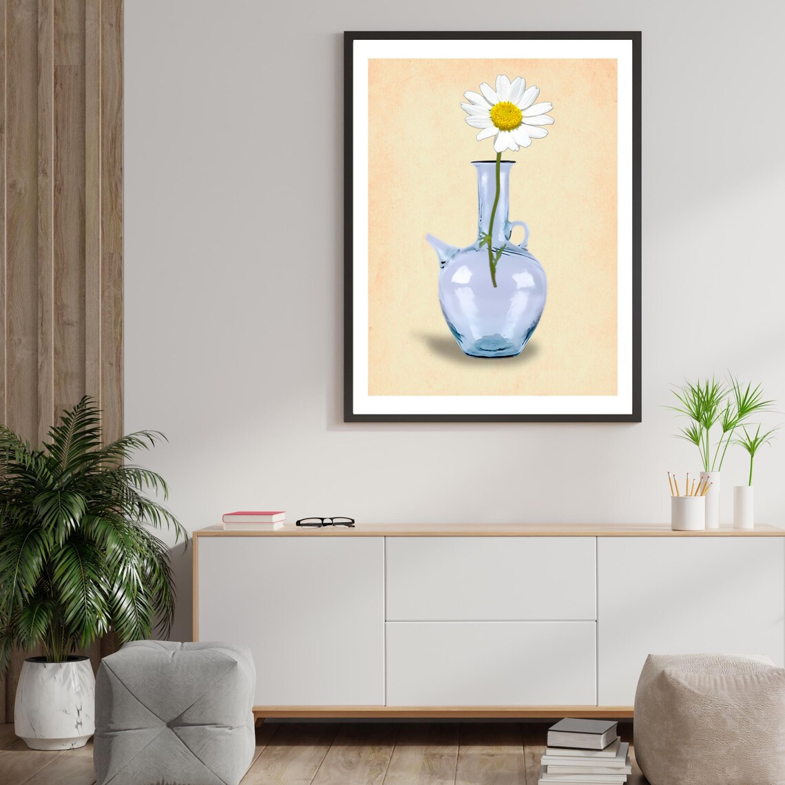 Blue Glass Water Jug Single Daisy Minimal Beige Floral Wall Art Poster - Image 4