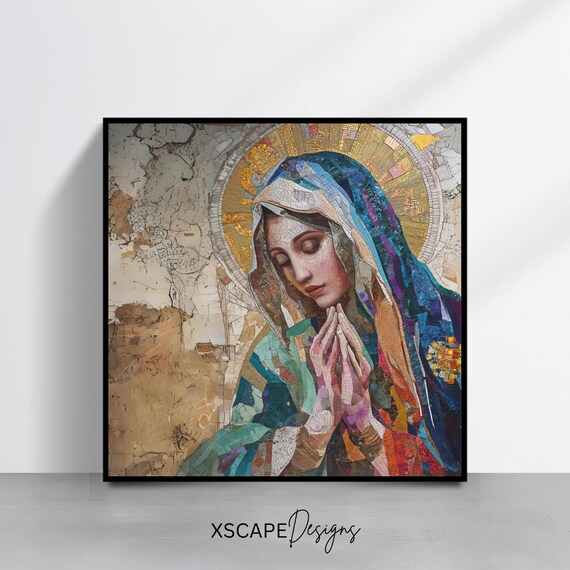 Virgin Mary Praying Hands Mosaic Halo Colorful Catholic Religious Wall Art Poster