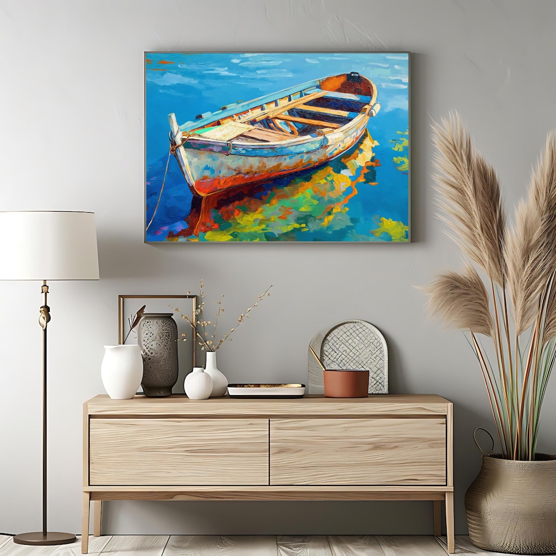 Colorful Rowboat on Blue Water Vibrant Nautical Reflection Boat Poster - Image 3