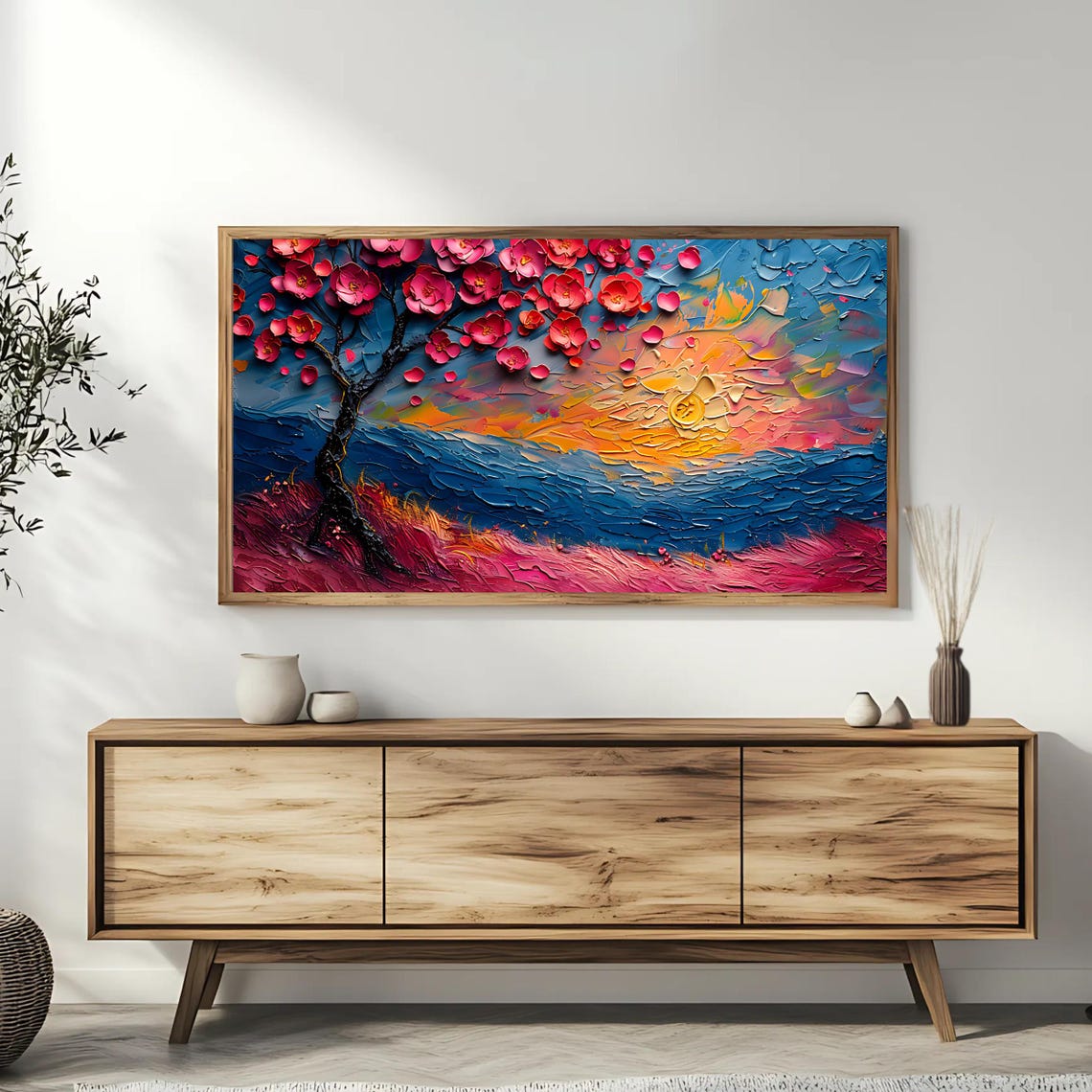Cherry Blossom Tree Sunset Ocean Waves Textured 3D Floral Art Poster - Image 3