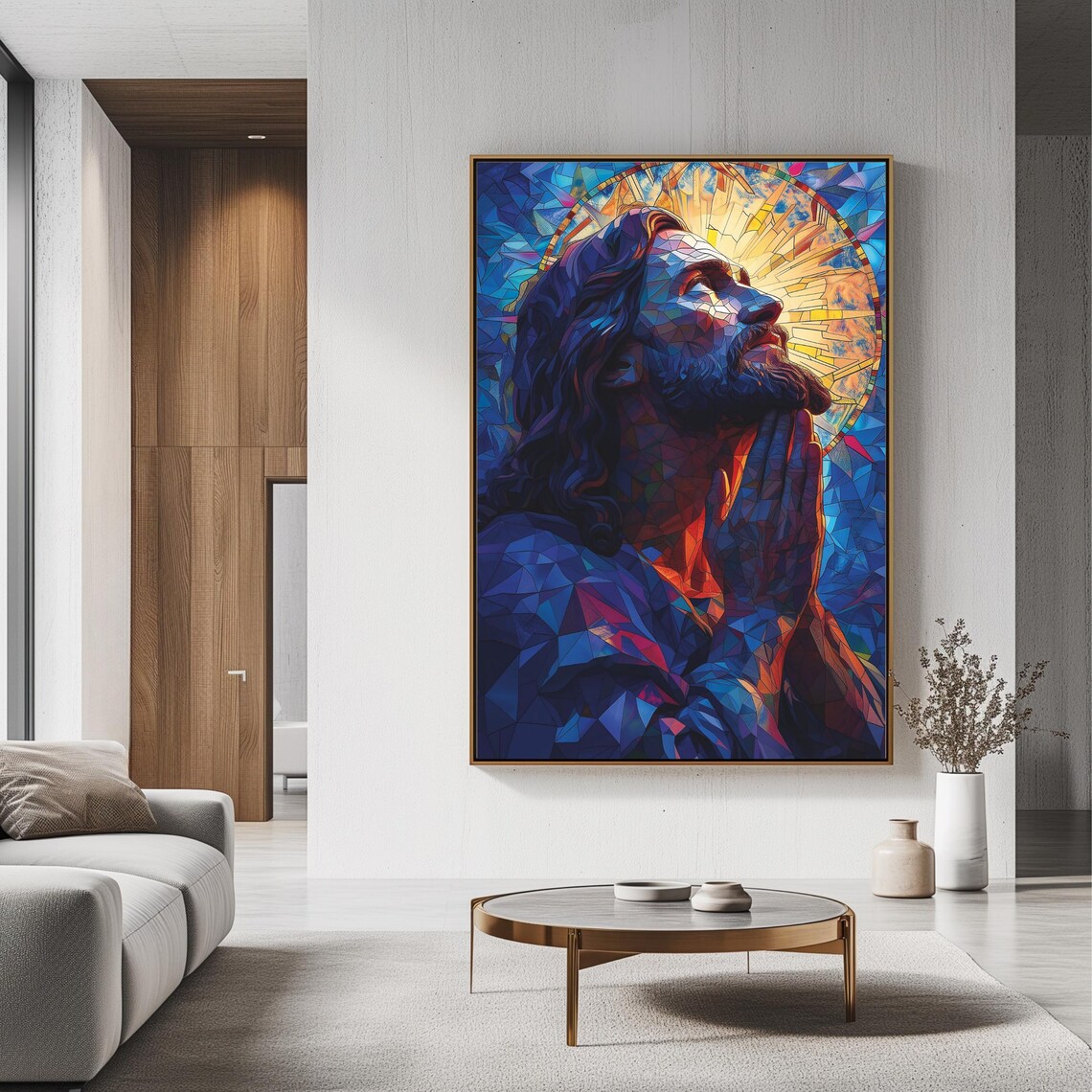 Jesus Praying Stained Glass Mosaic Blue Halo Faith Art Poster - Image 3