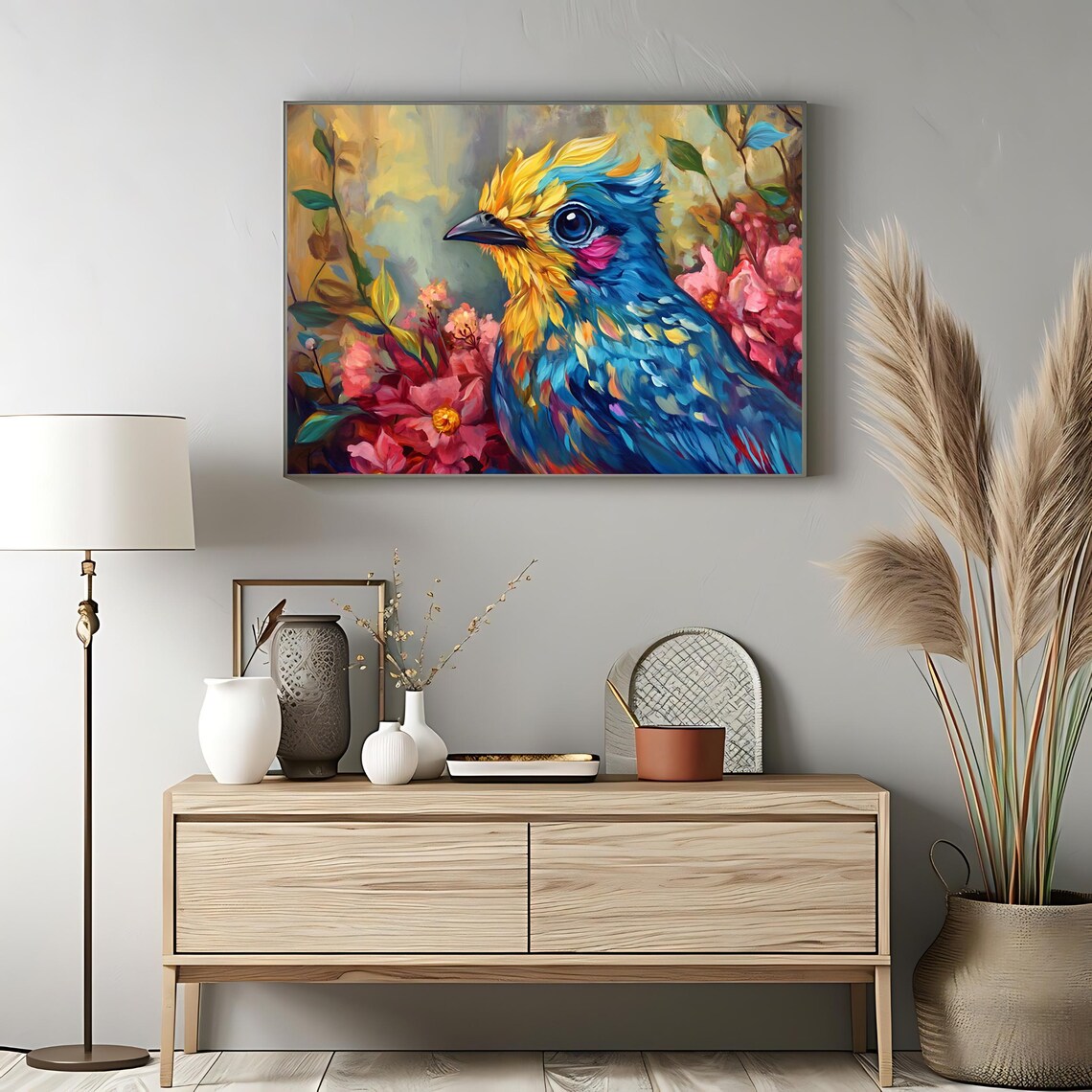 Colorful Songbird Blue Gold Feathers Pink Blossom Flower Poster - Image 3