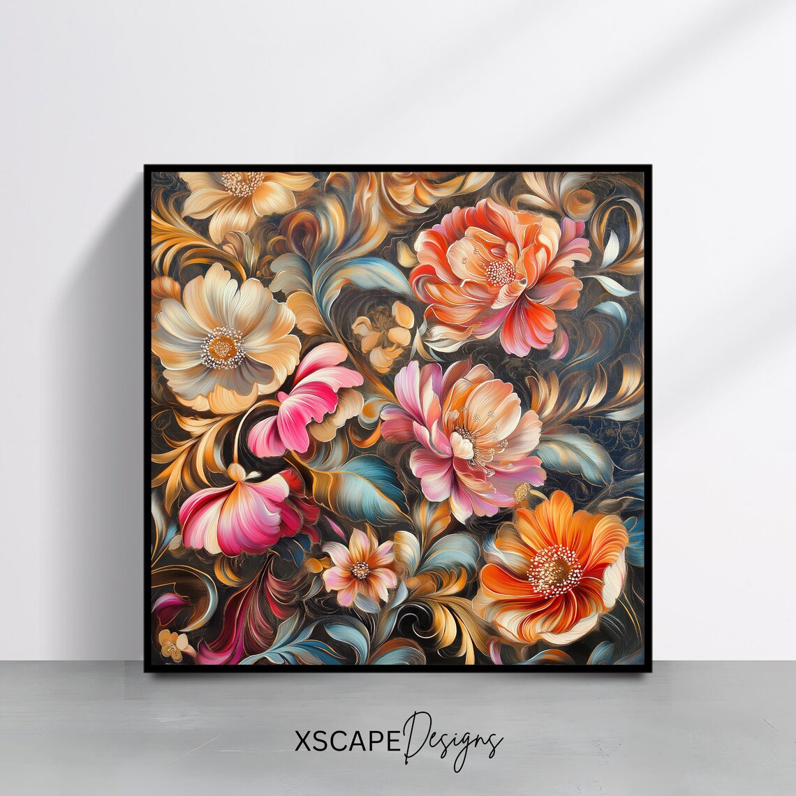 Elegant Ornamental Floral Bouquet Cream Peach Blossom Dark Wall Art