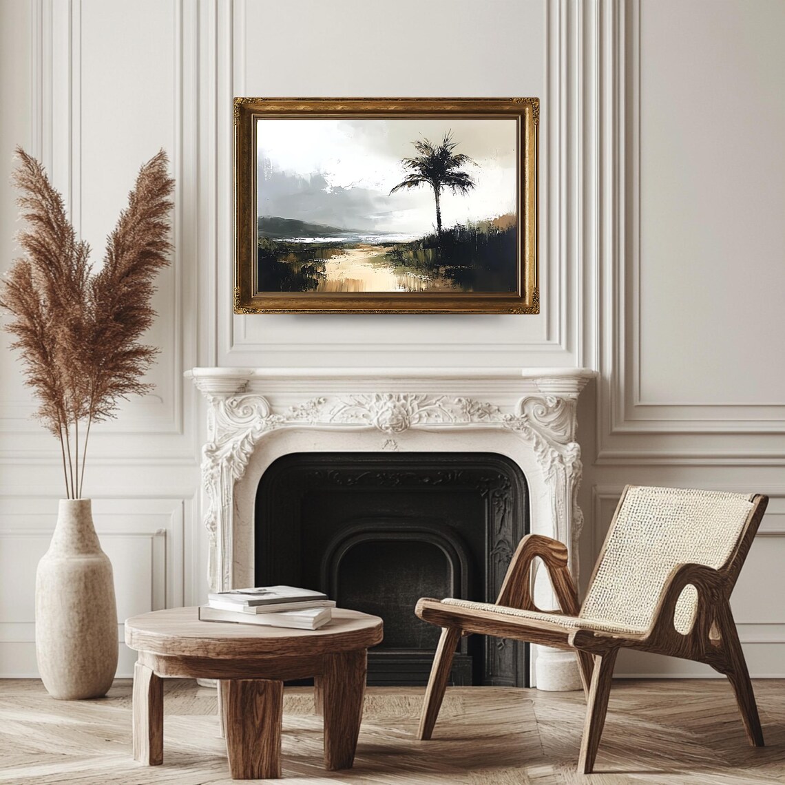 Antique Coastal Landscape, Vintage Palm Tree Scene - Image 3