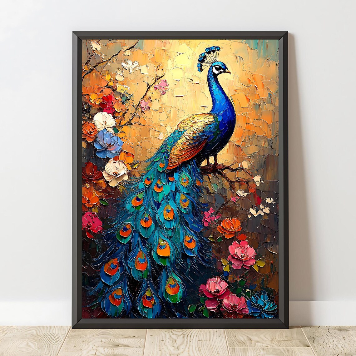 Vibrant Peacock Impasto Oil Painting Colorful Floral Bird Poster - Image 2