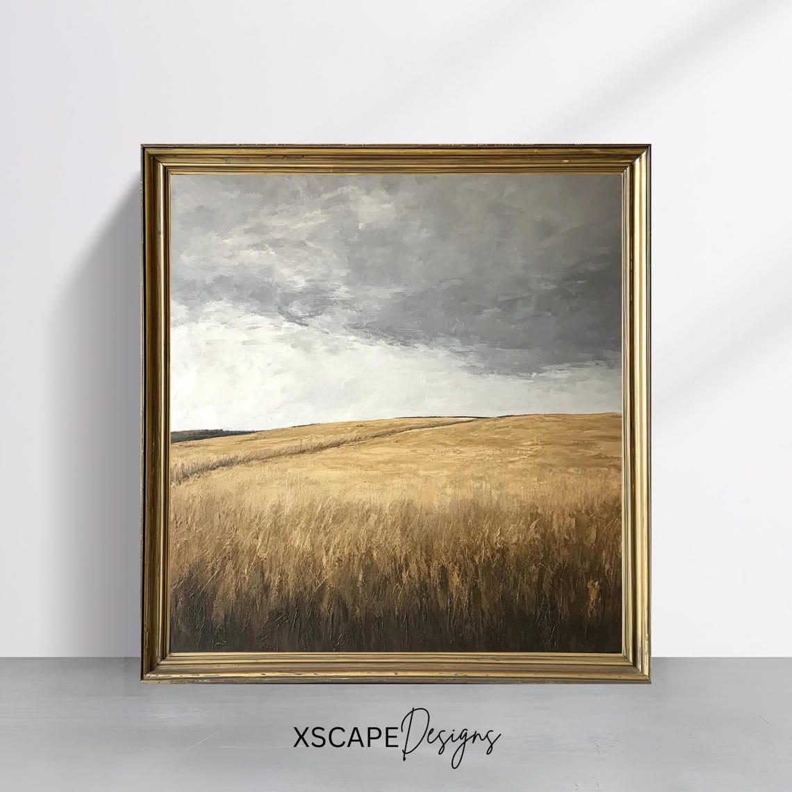 Stormy Golden Field Painting Dramatic Gray Sky Rolling Meadow Poster