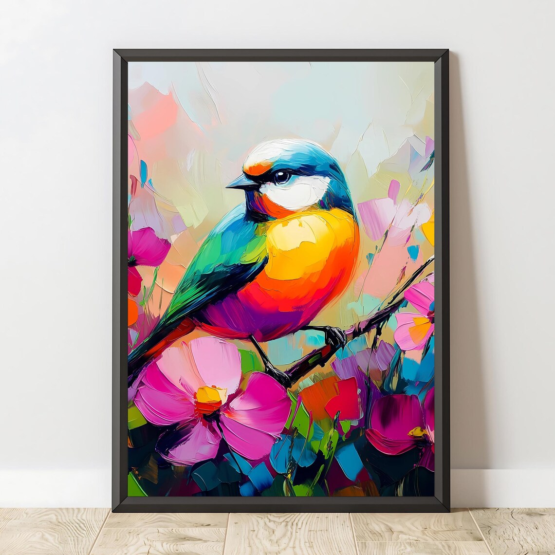 Rainbow Songbird Among Pink Cosmos Flowers Colorful Nature Wall Art - Image 2