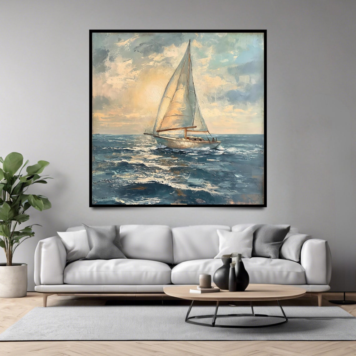 Sailboat Gliding Ocean Sunset Golden Sky Nautical Seascape Print - Image 4