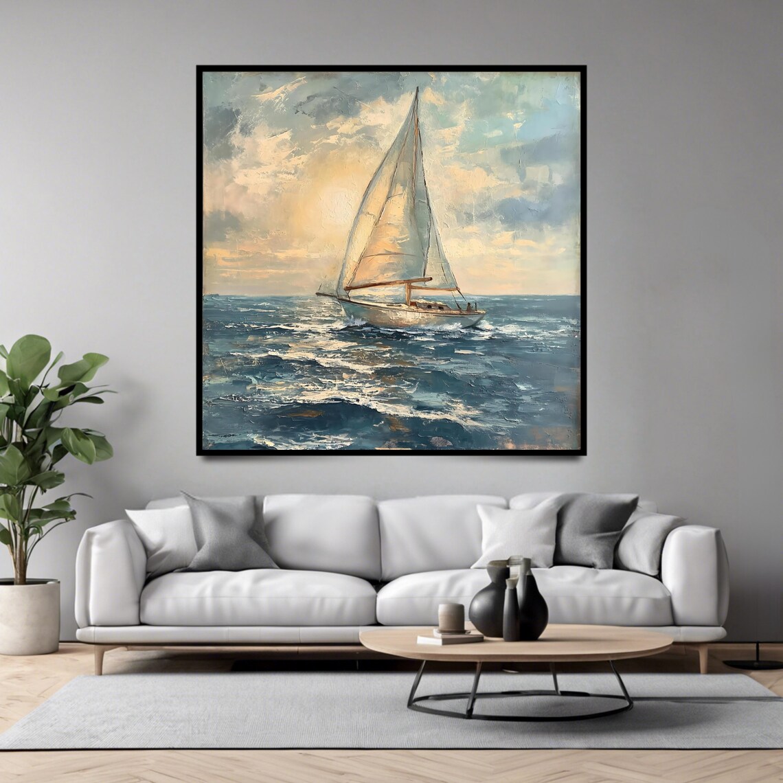 Sailing Boat Wall Art Print Nautical Square Ocean View Decor - Image 4