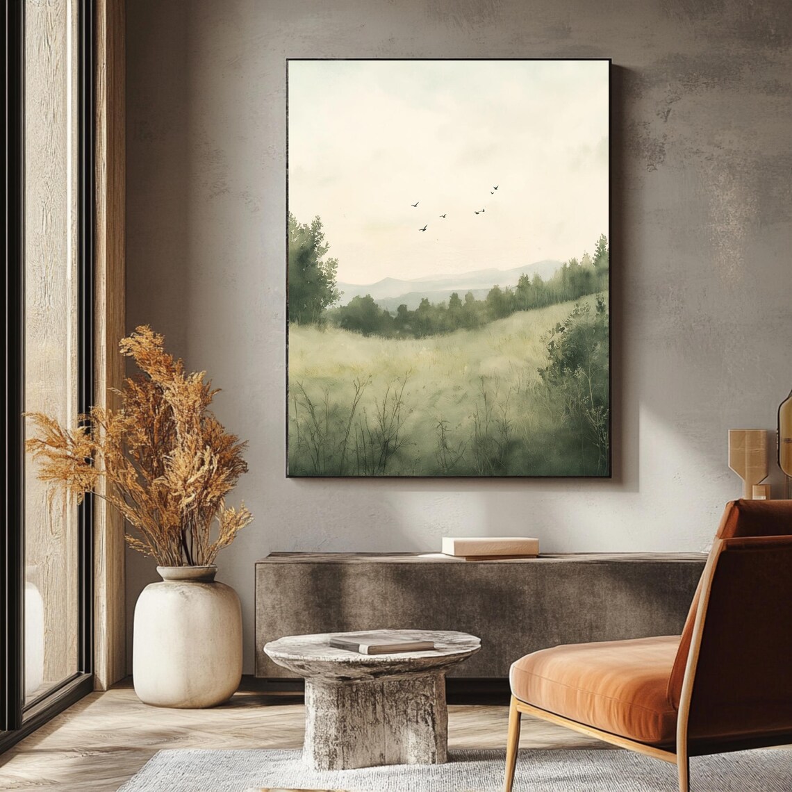 Serene Green Meadow Hills Soft Mist Birds Watercolor Nature Poster - Image 3