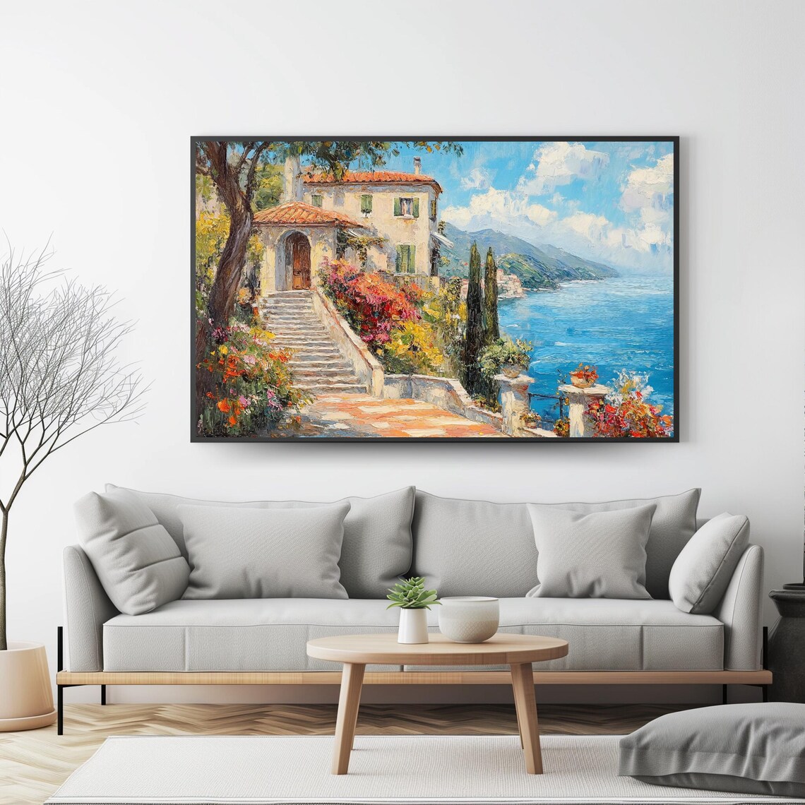 Mediterranean Coastal Villa Steps Sea View Colorful Garden Poster - Image 4