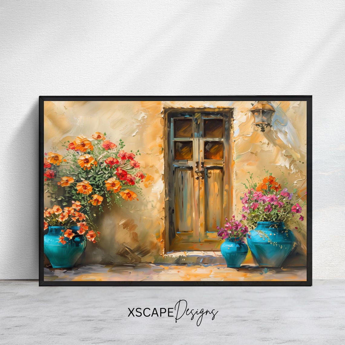 Mediterranean Doorway Blue Flower Pots Warm Stone Wall View Poster
