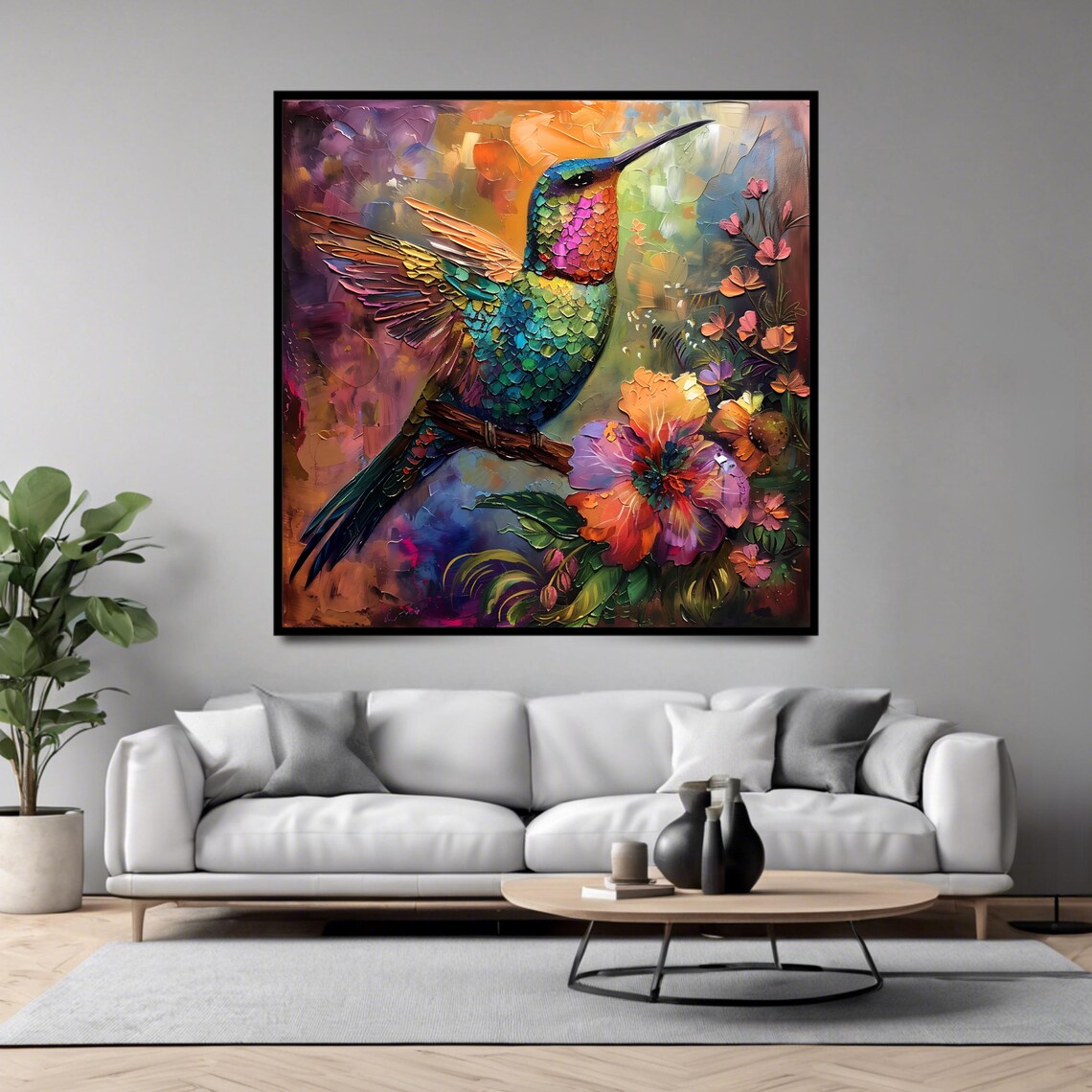 Colorful Hummingbird Among Hibiscus Flowers Textured Oil Art Poster - Image 4