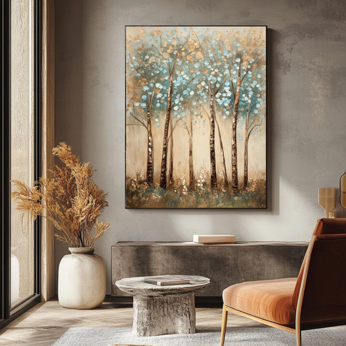 Birch Tree Forest in Blue and Gold Neutral Rustic Wall Art Poster - Image 3