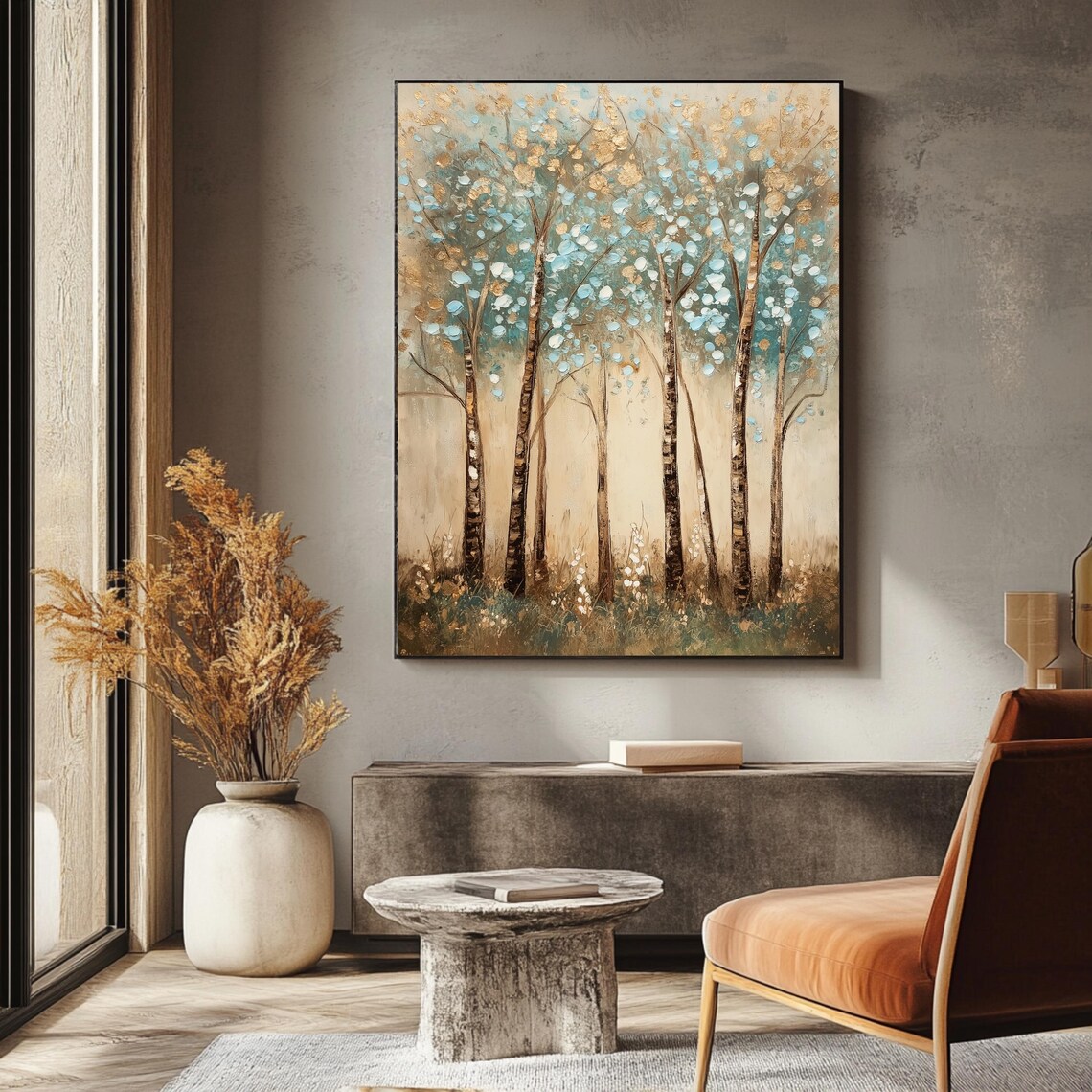 Neutral Art Print Vintage Birch Tree Wall Art In Blue And Gold Rustic Home Decor - Image 3