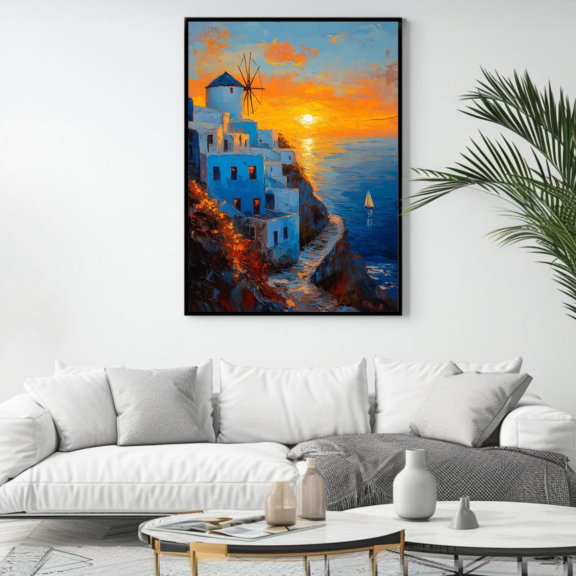 Santorini Windmill Sunset Cliff White Buildings Greek Island Poster - Image 4
