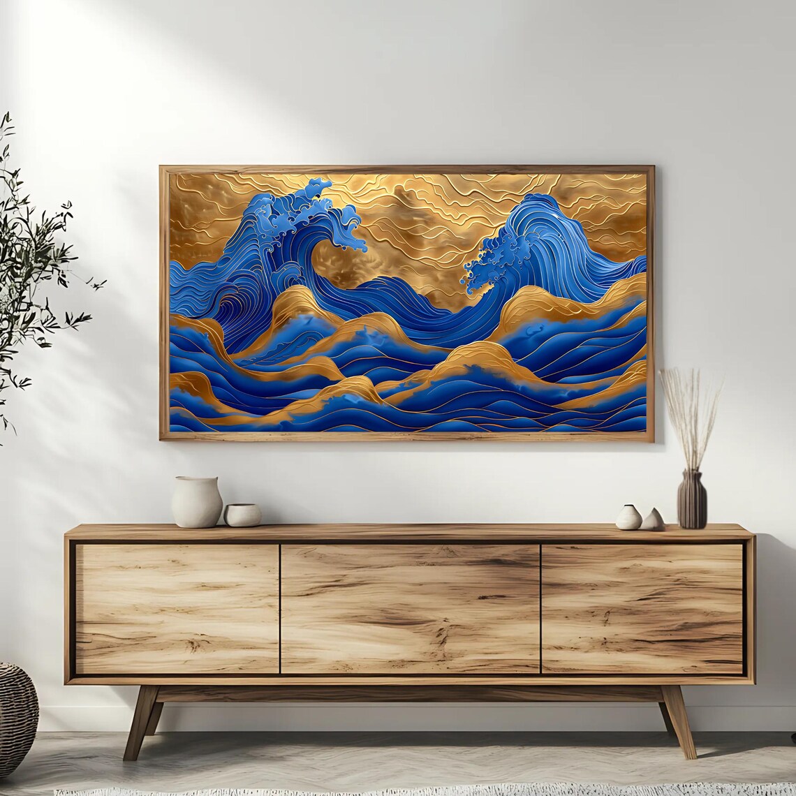 Golden Ocean Waves Abstract Blue and Gold Luxury Wall Art Poster - Image 3